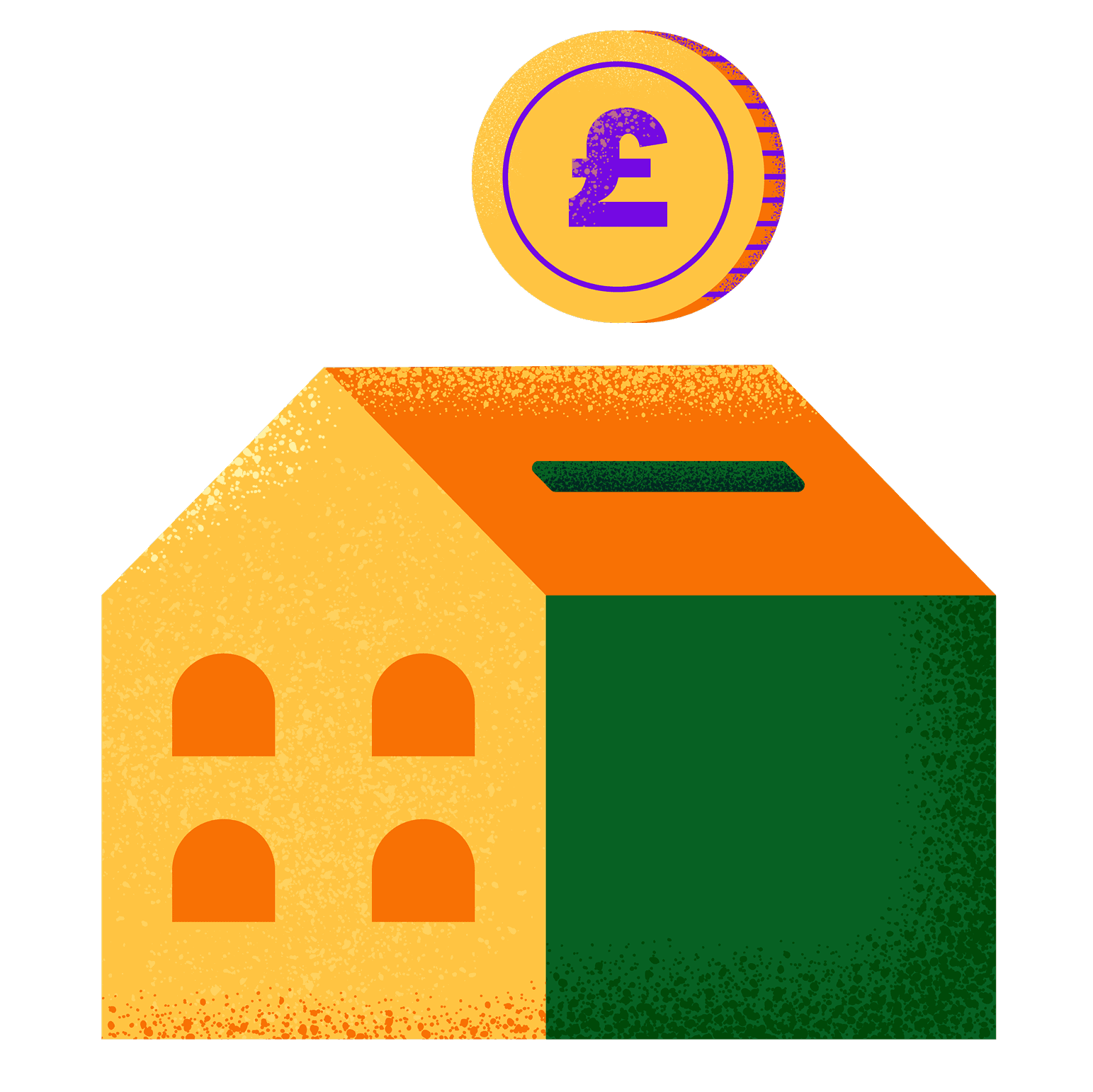 Illustration of a house-shaped piggy bank with a large gold coin showing a purple pound symbol.