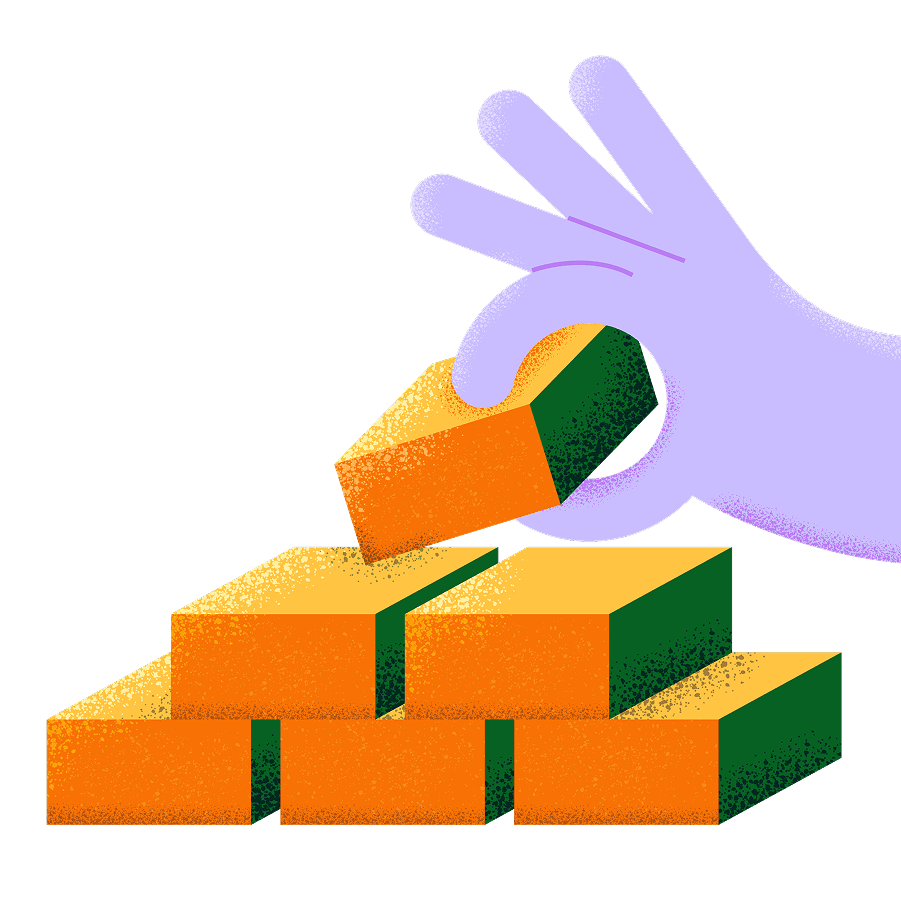 Illustration of a purple hand stacking orange bricks.